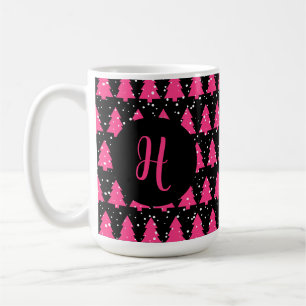 Modern Fuchsia & Black Christmas Tree Monogram Cof Coffee Mug