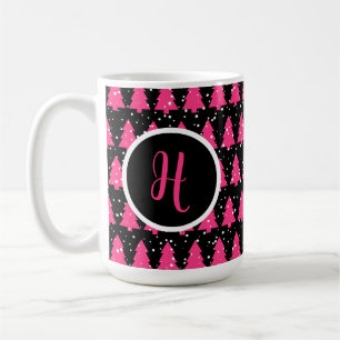 Modern Fuchsia & Black Christmas Tree Monogram Coffee Mug