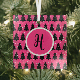 Modern Fuchsia & Black Christmas Tree Monogram Glass Ornament