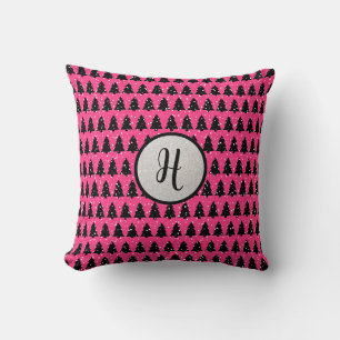 Modern Fuchsia & Black Monogram Throw Pillow