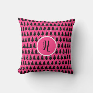 Modern Fuchsia & Black Monogram Throw Pillow