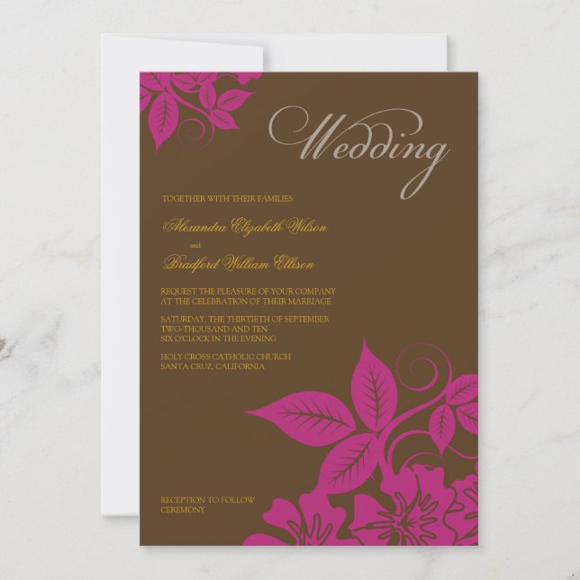 Modern Fuchsia/Brown Floral Wedding Invitation (Front)