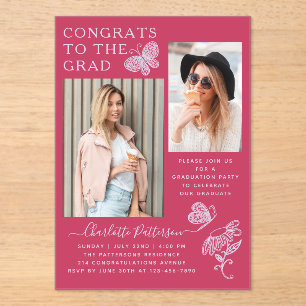 Modern Fuchsia Butterfly Photo Graduation Party Acrylic Invitations