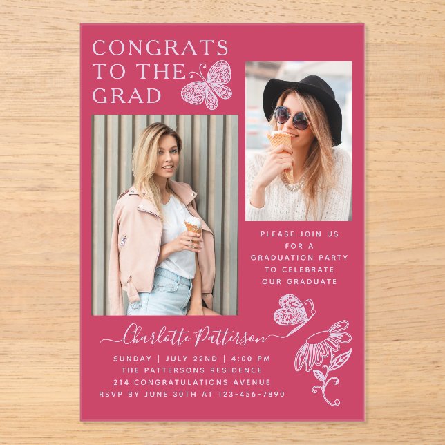 Modern Fuchsia Butterfly Photo Graduation Party Acrylic Invitations (Front)