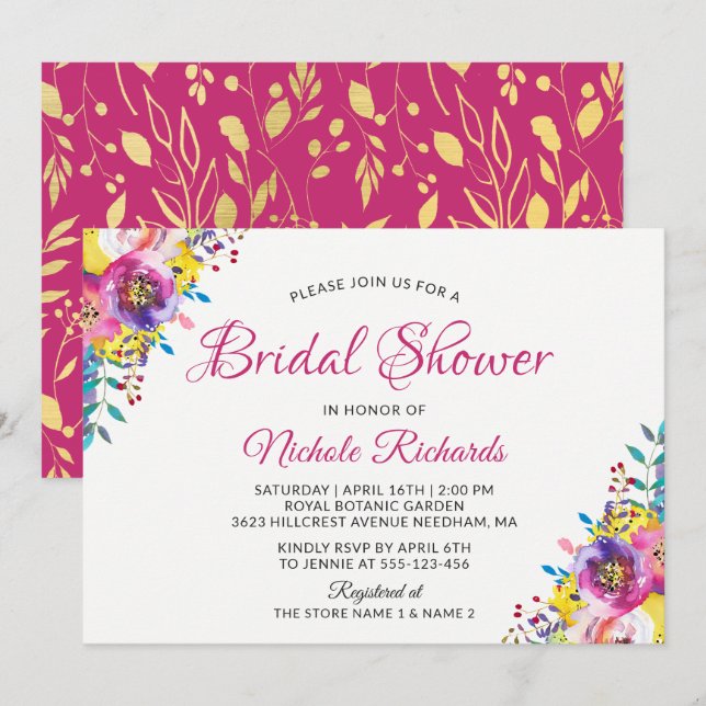 Modern Fuchsia Gold Floral Blossom Bridal Shower Invitation (Front/Back)