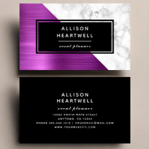Modern Fuchsia Pink Brushed Metal Marble Black Business Card