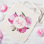 Modern Fuchsia Pink Peony Monogram Initial Tote Bag<br><div class="desc">Bold and beautiful,  this tote features lush fuchsia pink peonies surrounding a personalized monogram initial and name in an elegant circle frame. A striking floral design with vibrant color that works as a standout bridal party gift or a gorgeous everyday accessory. Initial and name are fully customizable.</div>