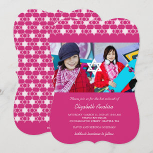 Modern Fuchsia Stars Of David Bat Mitzvah Invite