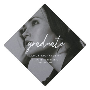 Modern Full Photo Script Black & White Graduation Cap Topper