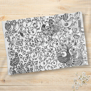 Modern Fun Birds Black and White Pattern Kitchen Towel