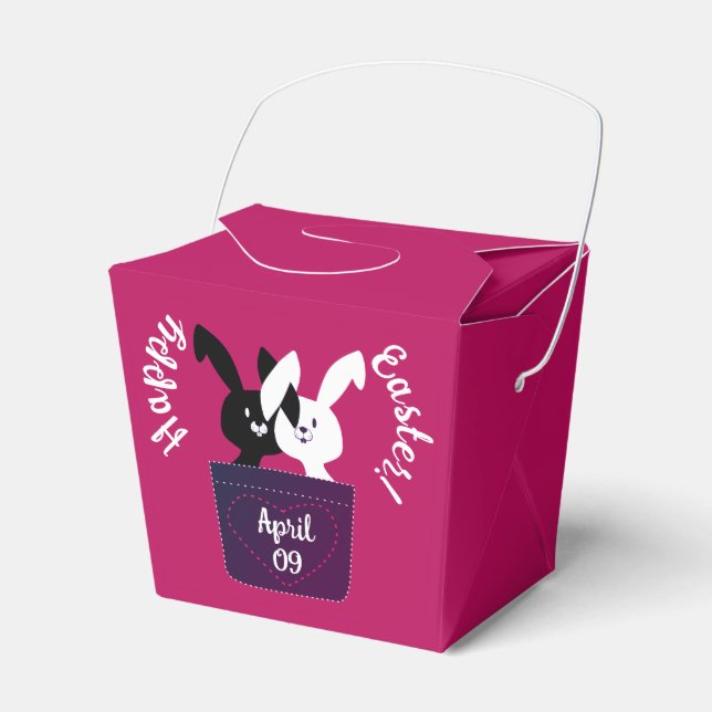 Modern Fun Black White Bunnies On Magenta Easter  Favor Box (Front Side)