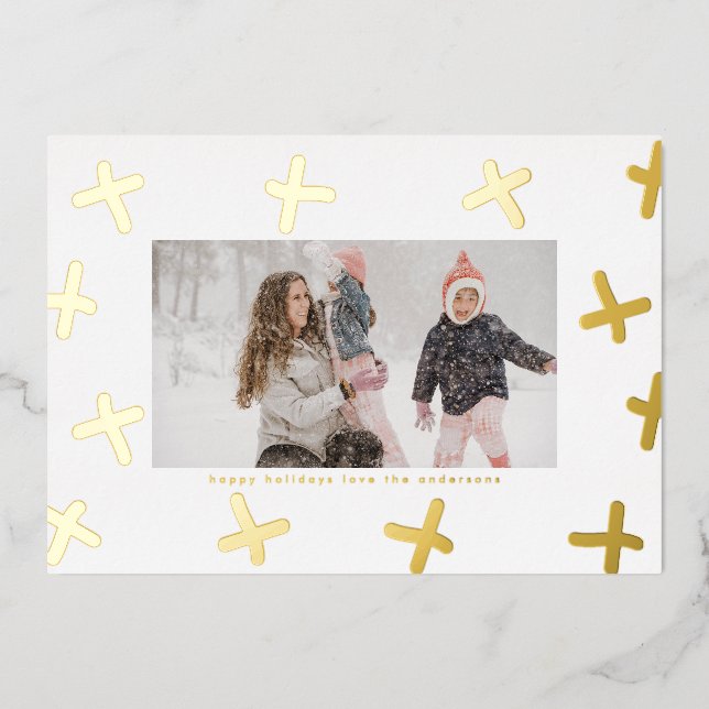 Modern Fun Border | Gold & White Christmas Crosses Foil Holiday Card (Front)