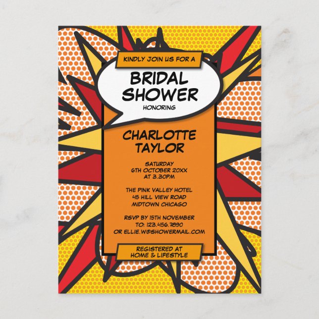 Modern Fun Bridal Shower Comic Book Invitation Postcard (Front)