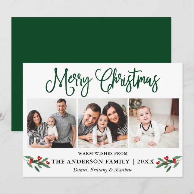 Modern Fun Calligraphy 3 Photo Christmas Holly  Holiday Card (Front/Back)