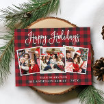 Modern Fun Calligraphy 3 Photo Plaid Holiday Postcard<br><div class="desc">Modern Fun Calligraphy Script Happy Holidays Family 3 Photo Postcard - Red Buffalo Plaid</div>