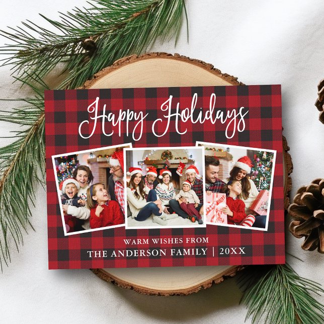 Modern Fun Calligraphy 3 Photo Plaid Holiday Postcard (Customize to change your personalized text size or text style.)