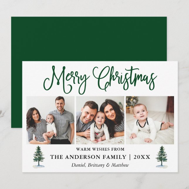 Modern Fun Calligraphy 3 Photos Pines Christmas  Holiday Card (Front/Back)
