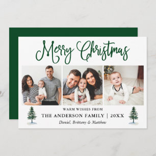 Modern Fun Calligraphy 3 Photos Pines Christmas Holiday Card