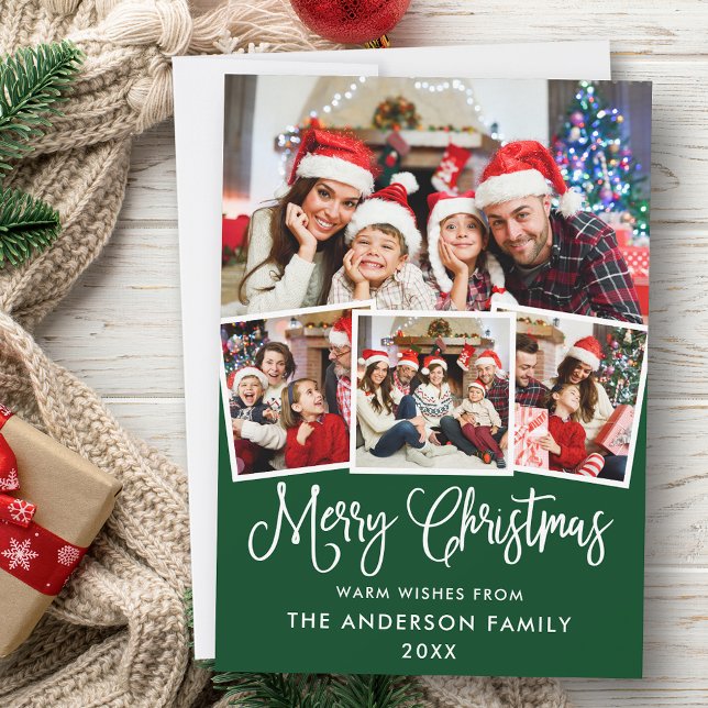 Modern Fun Calligraphy 4 Photo Christmas Green Holiday Card (Customize to add text to back of card.)