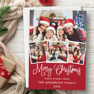 Modern Fun Calligraphy 4 Photo Christmas Red Holiday Card