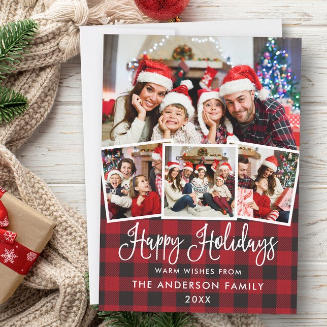 Modern Fun Calligraphy 4 Photo Red Plaid Holiday  Card (Customize to add text to back of card.)