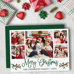 Modern Fun Calligraphy 5 Photo Christmas Green Holiday Card