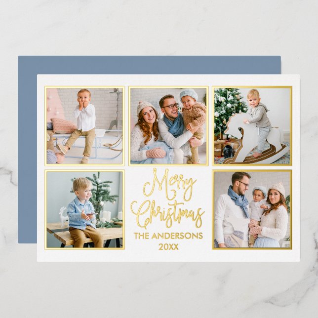Modern Fun Calligraphy 5 Photo Dusty Blue Gold Foil Holiday Card (Front/Back)