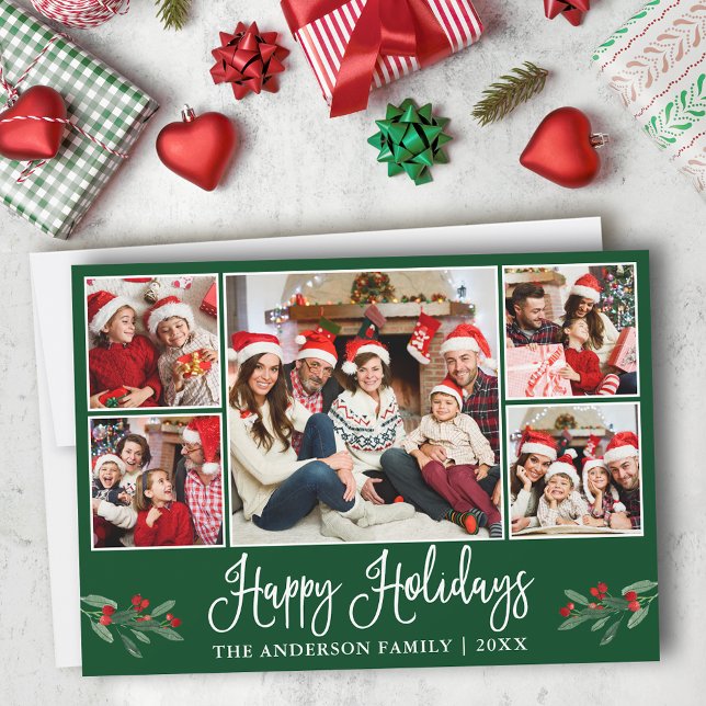Modern Fun Calligraphy 5 Photo Green Holiday Card (Customize to add text to back of card.)