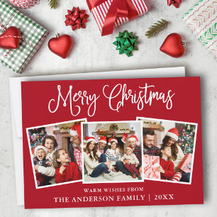 Modern Fun Calligraphy Christmas 3 Photo Red Holiday Card