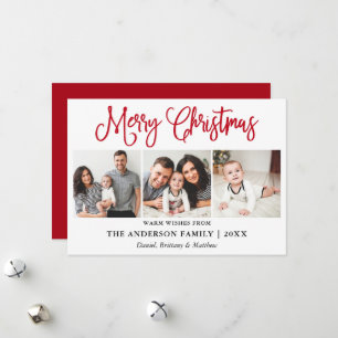 Modern Fun Calligraphy Christmas 3 Photos Red Holiday Card