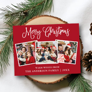 Modern Fun Calligraphy Christmas 3 Photos Red Postcard