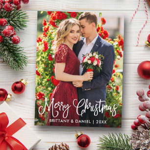 Modern Fun Calligraphy Christmas Couple Photo Postcard