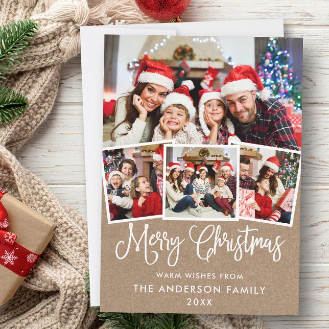 Modern Fun Calligraphy Christmas Kraft 4 Photo Holiday Card (Customize to add text to back of card.)