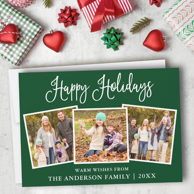 Modern Fun Calligraphy Green 3 Photo Holiday Card (Customize to add text to back of card.)