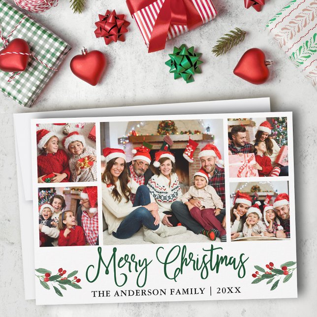 Modern Fun Calligraphy Green 5 Photo Christmas Holiday Card (Customize to add text to back of card.)