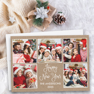 Modern Fun Calligraphy Kraft 5 Photo New Year Holiday Card