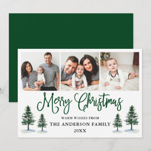Modern Fun Calligraphy Pines Photo Christmas Green Holiday Card