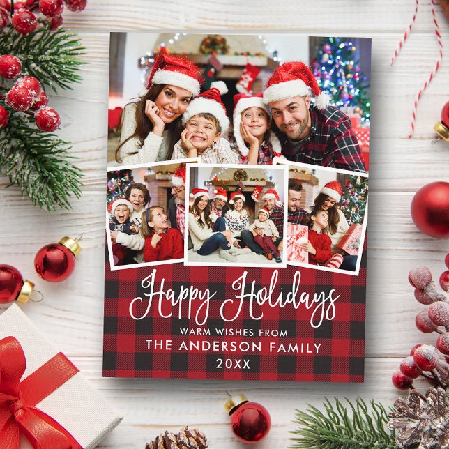 Modern Fun Calligraphy Plaid 4 Photo Holiday Postcard (Customize to change your personalized text size or text style.)