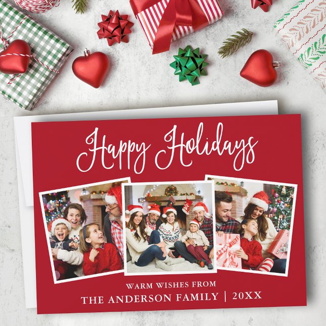 Modern Fun Calligraphy Red 3 Photo Holiday Card (Customize to add text to back of card.)