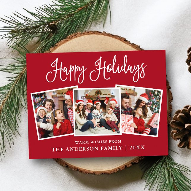 Modern Fun Calligraphy Red 3 Photo Holiday Postcard (Customize to change your personalized text size or text style.)
