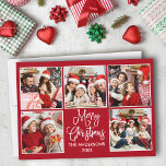 Modern Fun Calligraphy Red 5 Photo Christmas Holiday Card<br><div class="desc">Modern Fun Calligraphy Script Merry Christmas 5 Photo Collage Holiday Card - Red Background</div>