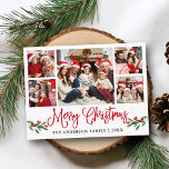 Modern Fun Calligraphy Red Christmas Holly 5 Photo Postcard<br><div class="desc">Modern Fun Calligraphy Script 5 Photo Family Photo Collage Merry Christmas Postcard includes Watercolor Christmas Holly Berries - Red Script</div>