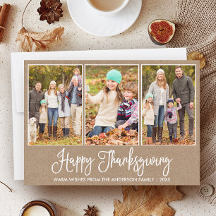 Modern Fun Calligraphy Thanksgiving Kraft 3 Photos Holiday Card