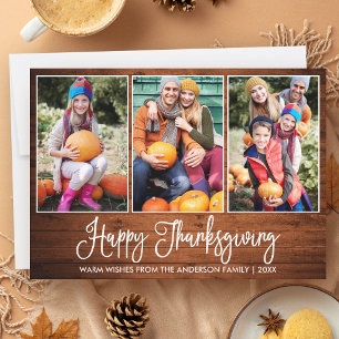 Modern Fun Calligraphy Thanksgiving Wood 3 Photos Holiday Card