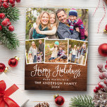 Modern Fun Calligraphy Wood 4 Photo Holiday Postcard<br><div class="desc">Modern Fun Calligraphy Script Happy Holidays 4 Photo Holiday Postcard - Rustic Country Wood</div>