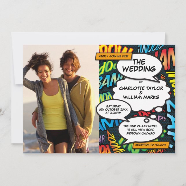 Modern Fun Colourful Comic Book Photo Wedding Invitation (Front)