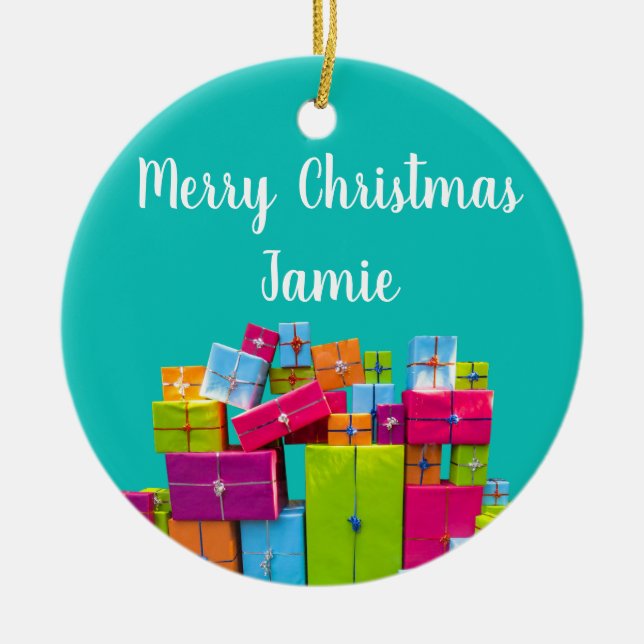 Modern fun colourful presents Christmas Ceramic Ornament (Front)