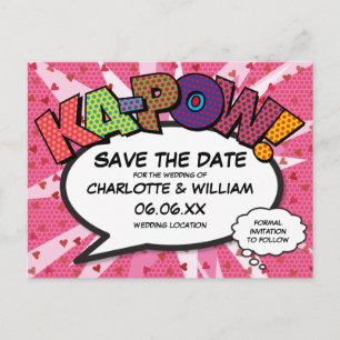 Modern Fun Comic Book KAPOW Pink Save the Date Postcard