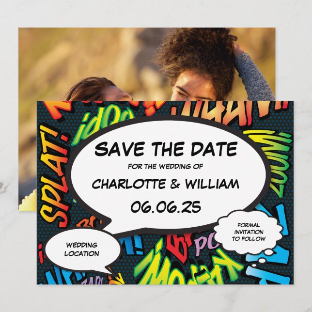 Modern Fun Comic Book Wedding Photo Save The Date (Front/Back)