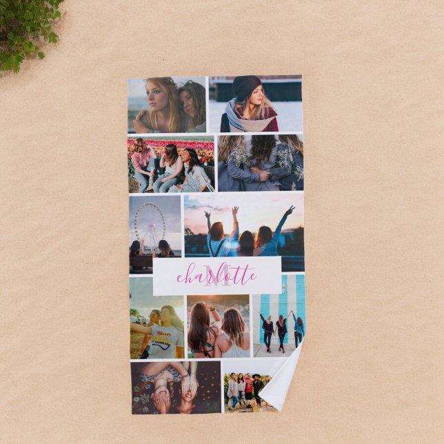 Modern fun cool 11 photo collage grid her monogram beach towel (Modern fun cool 11 photo collage grid her monogram beach towel)